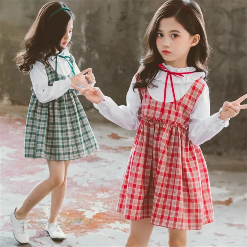 Модное платье для девочек, vestidos, клетчатые платья принцессы с длинными рукавами и имитацией двух предметов, одежда для детей 4, 5, 6, 7, 8, 9, 10, 11, 12 лет