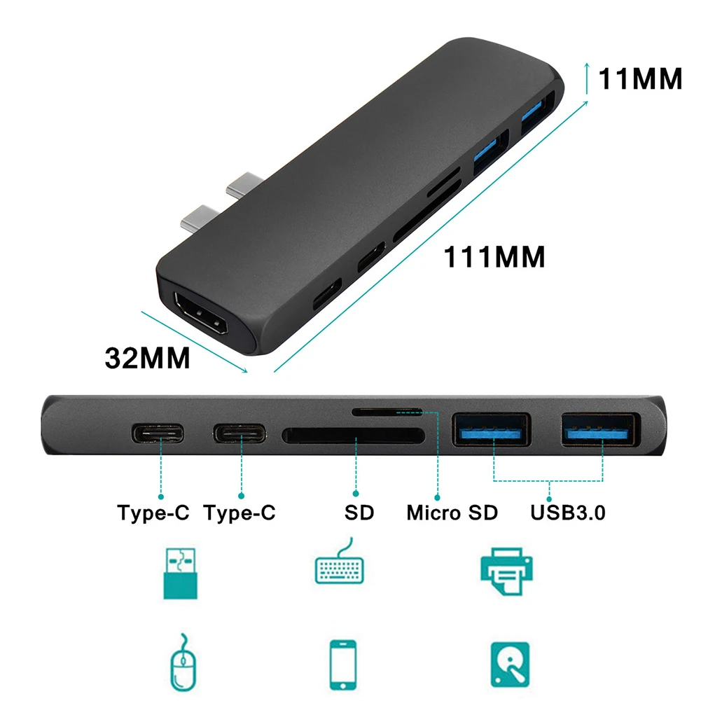 7 в 1 HDMI++ TF+ 2xUSB3. 0+ 2xPD Тип-C быстрая концентратор-картридер адаптер