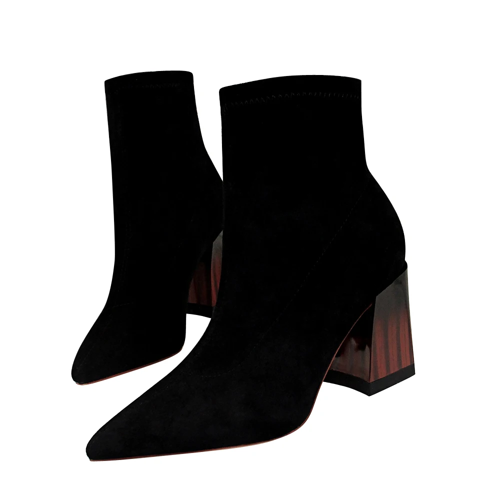 

New 2020 Fashion Black Color Flock Women's Boots Square High Heel Pointed Toe Sexy Nightclub Slim Boots Shoes G0162