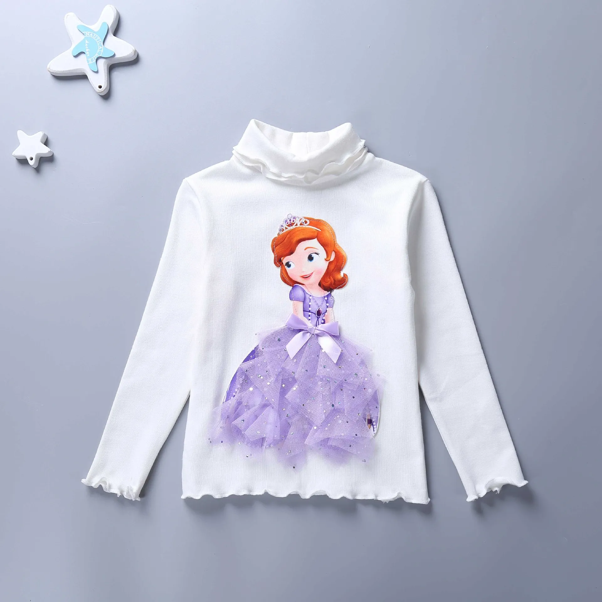 Детская рубашка с длинными рукавами для девочек; Осенние Топы принцессы Эльзы; детский пуловер с воротником под горло; рубашка с кружевом; наряд принцессы с героями мультфильмов - Цвет: 02