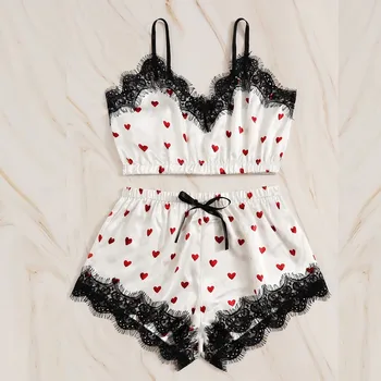 

#H30 Women Satin Lace Mesh Sleepwear Heart Print Homewear Nightwear Pyjamas Set Female Sexy Sleepwear Outfits