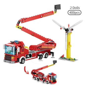 

400pcs City Fire Fighting car model Building Blocks Fire Ladder truck Fireman 2Figures Bricks DIY Construction Toys for Children