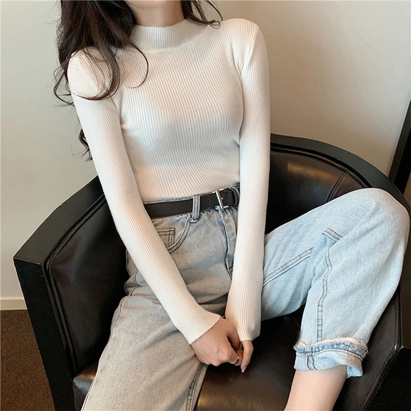 Suéteres de talla libre para mujer, Jersey de manga larga con cuello de tortuga, elástico, blanco, 5 colores disponibles, otoño