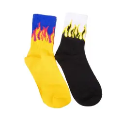 2 Pair Flame Pattern Cotton Socks Stockings Fashion Breathable Stockings Medium Tube Socks Clothes Accessory(Black+ Yellow)