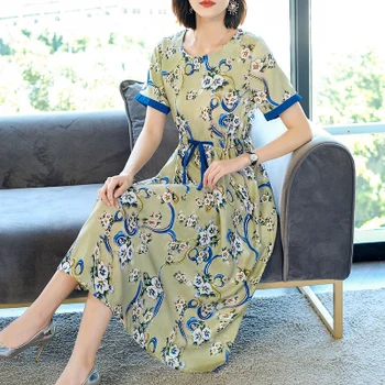 

Free Ship Short Sleeve Drawstring Waistband Temperament Cotton Linen Women Print Dress A-line Sashes Middle Aged Mother Dresses