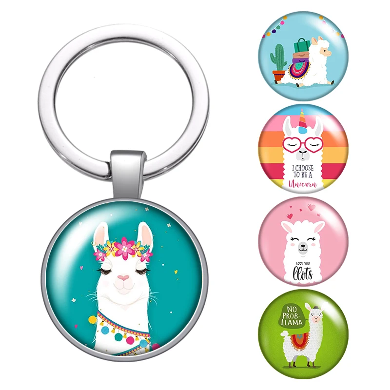 NO PROB LLAMA glass cabochon keychain Bag Car key chain Ring Holder Charms silver color keychain for Men Women Gifts