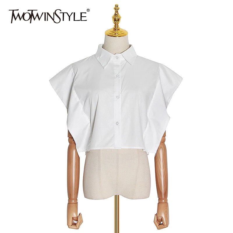 TWOTWINSTYLE Casual Women Blouse Lapel Collar Butterfly Short Sleeve Loose Elegant Shirt For Female Fashion Clothing 2020 Spring TWOTWINSTYLE Casual Women Blouse Lapel Collar Butterfly Short Sleeve Loose Elegant Shirt For Female Fashion Clothing 2020 Spring