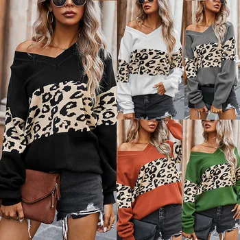 

Sweaters Women’s Casual Long Sleeve Sweater Leopard Print Color Block Loose Pullover Tops Женский Трикотаж Sweaters