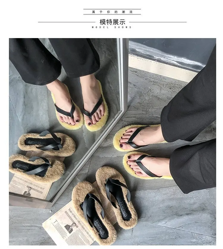 Classics Winter Women Fur Flip Flops Outside Flat Open Toe Women Shoes Solid Casual Faux Fur Slippers