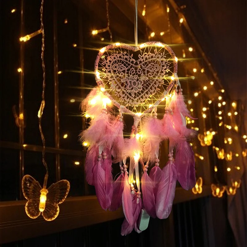 

Creative Hollow Out Heart Weave Web Feather Pendant DIY W/ LED Lights Girls Gift Beautiful And Stylish Appearance