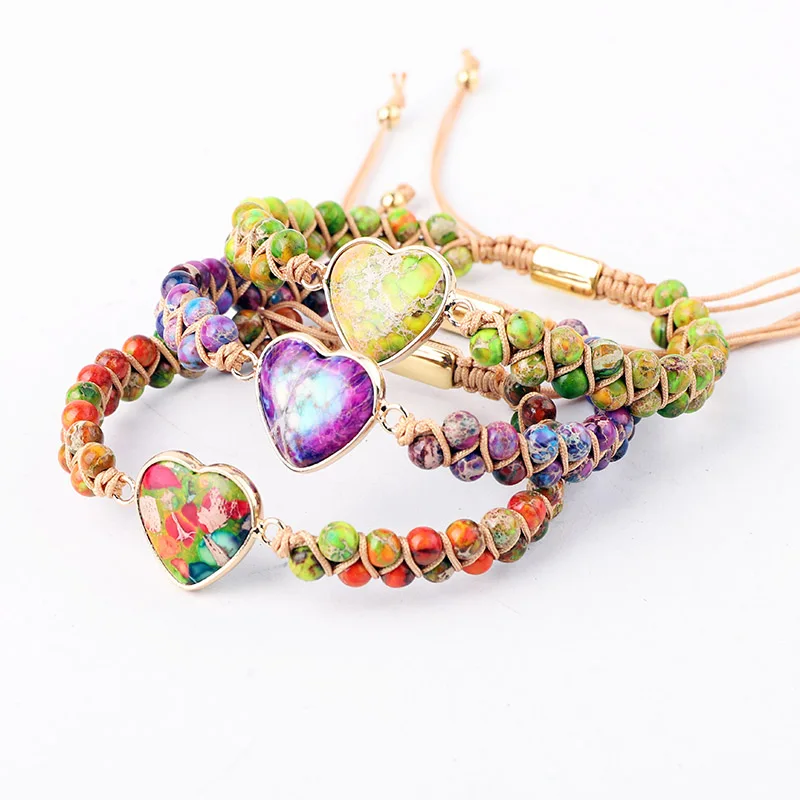 New Design Natural Stone Imperial Heart Charm Handmade Macrame Friendship Bracelet Women