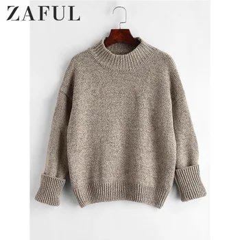 

ZAFUL Warm Heathered Pullover Drop Shoulder Sweater Round Neck Long Sleeve Cutton Basic Sweater Autumn Pullovers Fashion 2019