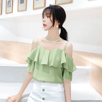 

One-line collar lotus leaf chiffon shirt women's chiffon shirt summer gray