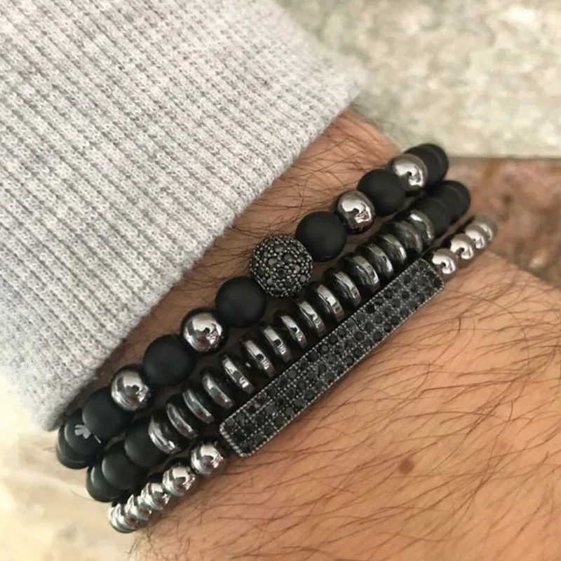 New 3Pc/Sets Micro Pave CZ 8mm Disco Ball &amp Bar Charms Bracelets Sets 6mm Matte Beads Stone Bracelet Men Women Jewelry bileklik |