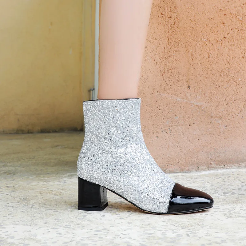 

Autumn 2019 Bling Sequined Womens Boots Ankle Wedding Party Ladies Shoes High Heels Booties Large Size Silver Black Shoe