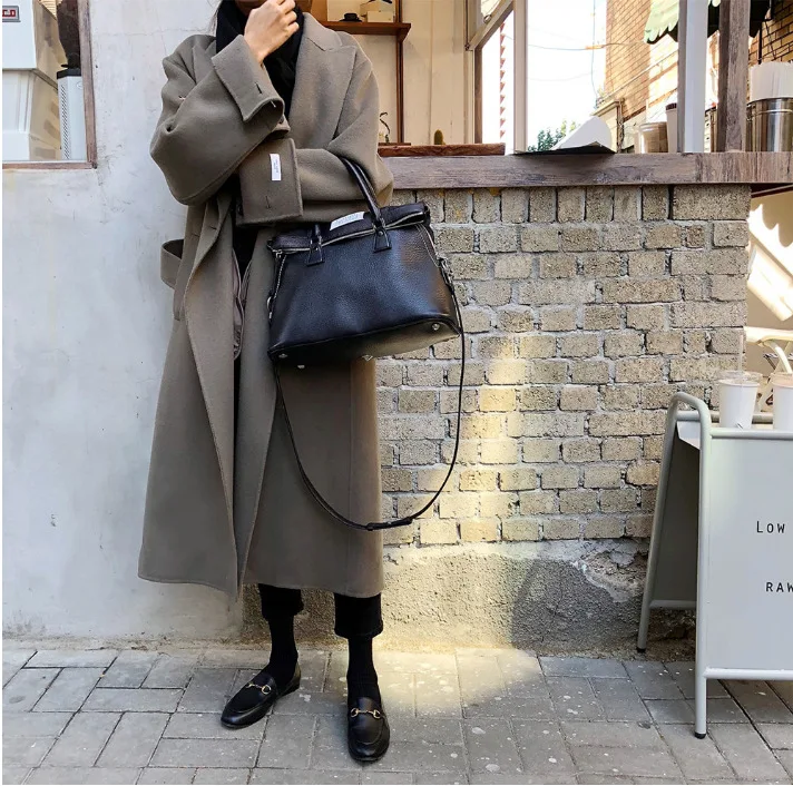 Women Winter Green Super Long Wool Overcoat Elegant Double-sided Woolen Coat Jacket with Waist Belt Brief Loose Outwear