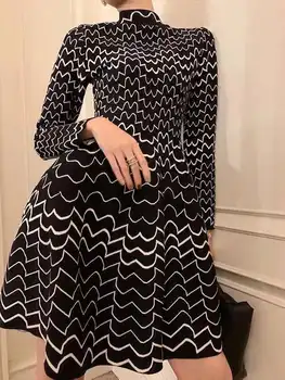 

High Quality Sweater Dress 2020 Spring Women Stand Neck Geometric Patterns Knitting Long Sleeve Big Swing Casual Pullover Dress