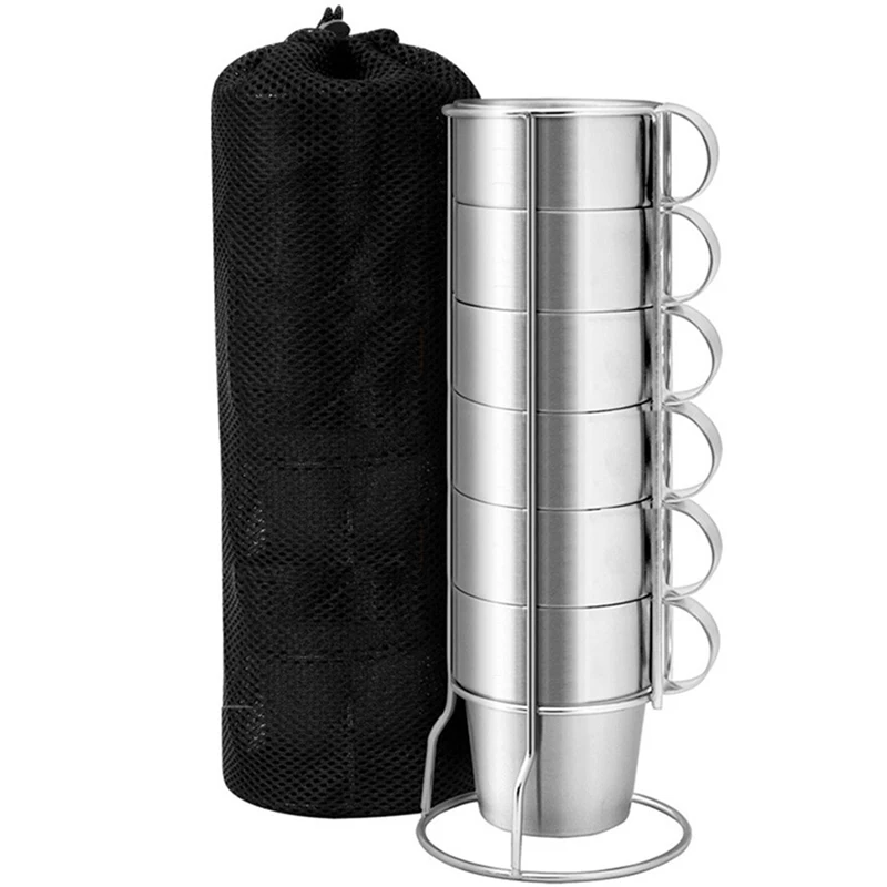 

Stainless Steel Cup Water Tea Coffee Cup with Stackable Rack Outdoor Camping Hiking Picnic Bar Family Use 6 Cups with Storage Ba