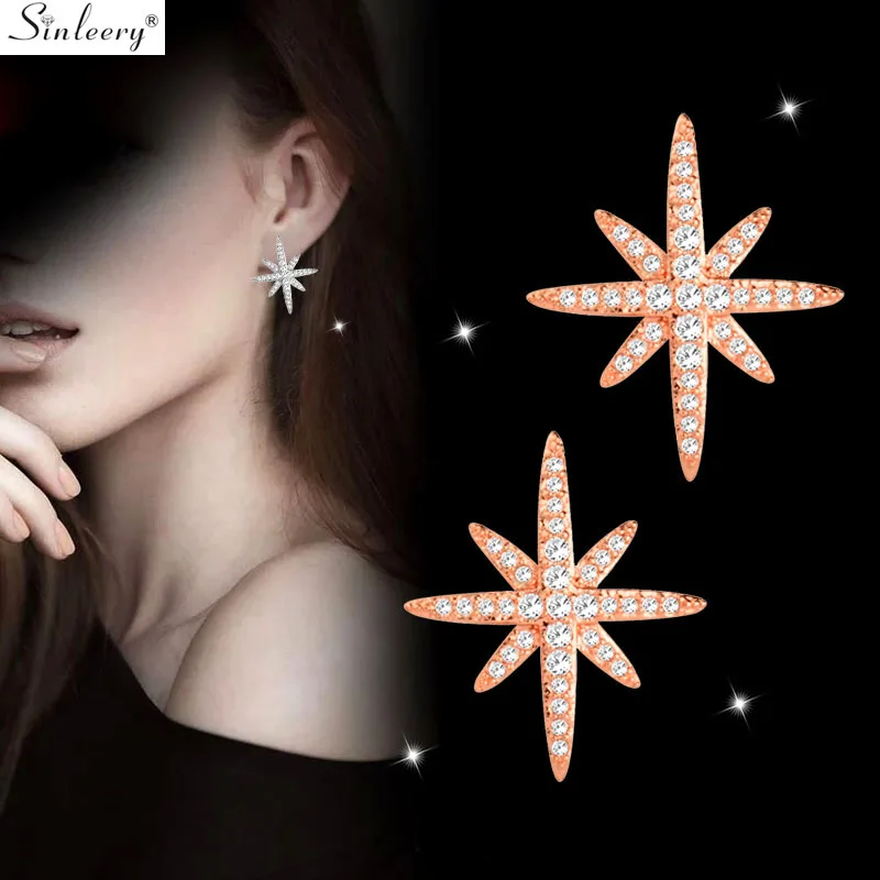 

SINLEERY Elegant Snowflake Star Stud Earrings Rose Yellow Gold Silver Color Full Tiny Crystal Earrings Women Jewelry ES104 SSB
