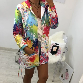 

Women Dyeing Print Jacket Outerwear Coats Drawstring Tie Sweatshirt Hooded Overcoat Fashion Chaqueta Muje Work Casual Jackets