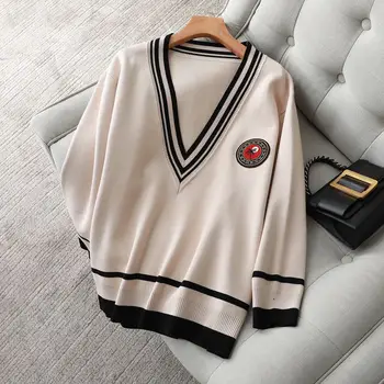 

Women Sweater 2020 Spring and Summer New Women's College Style Summer Brown Tung Tree Embellished V-neck Striped Knit Top