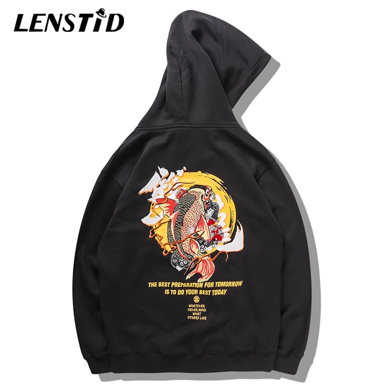 

LENSTID Men Hip Hop Ukiyoe Embroidered Koi Fish Pullover Hoodies Streetwear Japanese Harajuku Autumn SweatShirts Brand Clothing