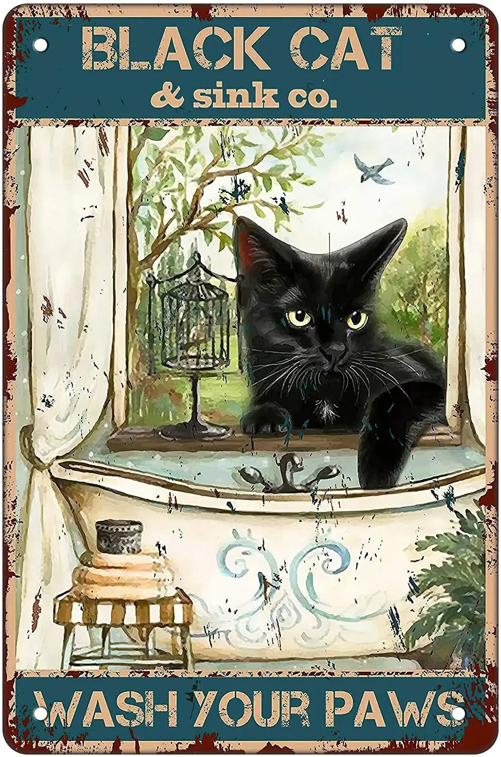 

Funny Bathroom Quote Vintage Metal Tin Sign Wall Decor Black Cat Wash Your Paws Home Bathroom Classroom Office Cafe Bar