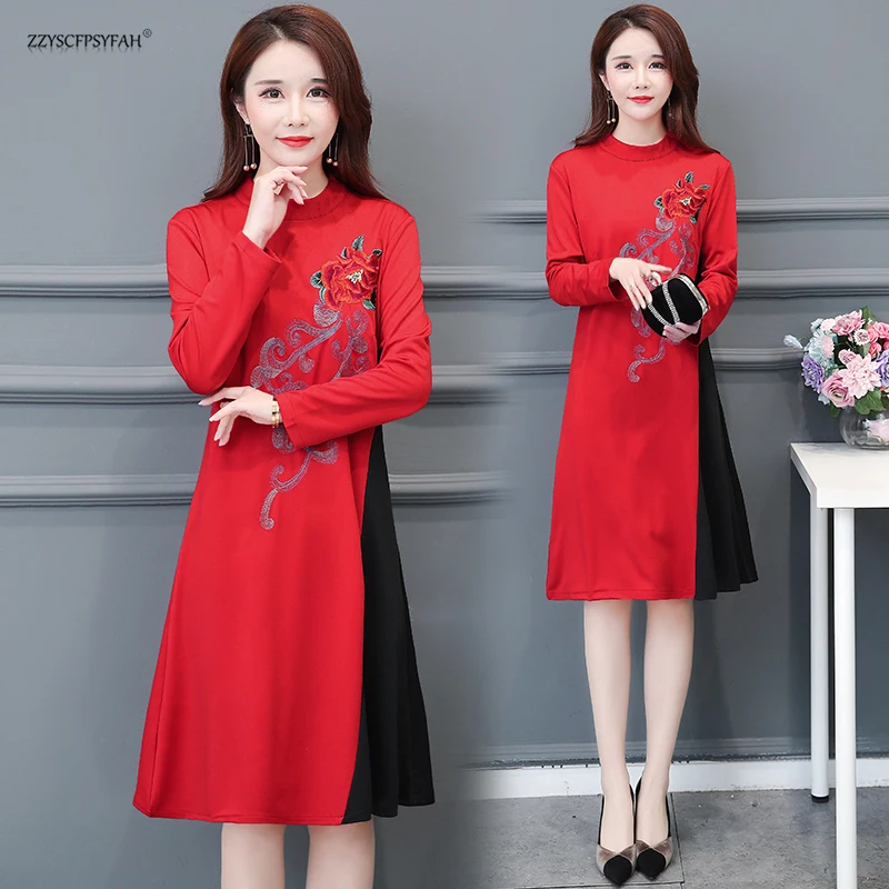 

ZT1851# 2019 New Collar Bottom Mid-long Slimming Temperament Colour Embroidery Red Dress Female Autumn Winter