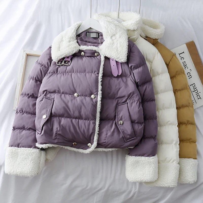

Mooirue Winter Autumn Harajuku Casual Parka Lamb Patchwork Harajuku Warm Coat Korean Style Purple White Yellow Jackets Women