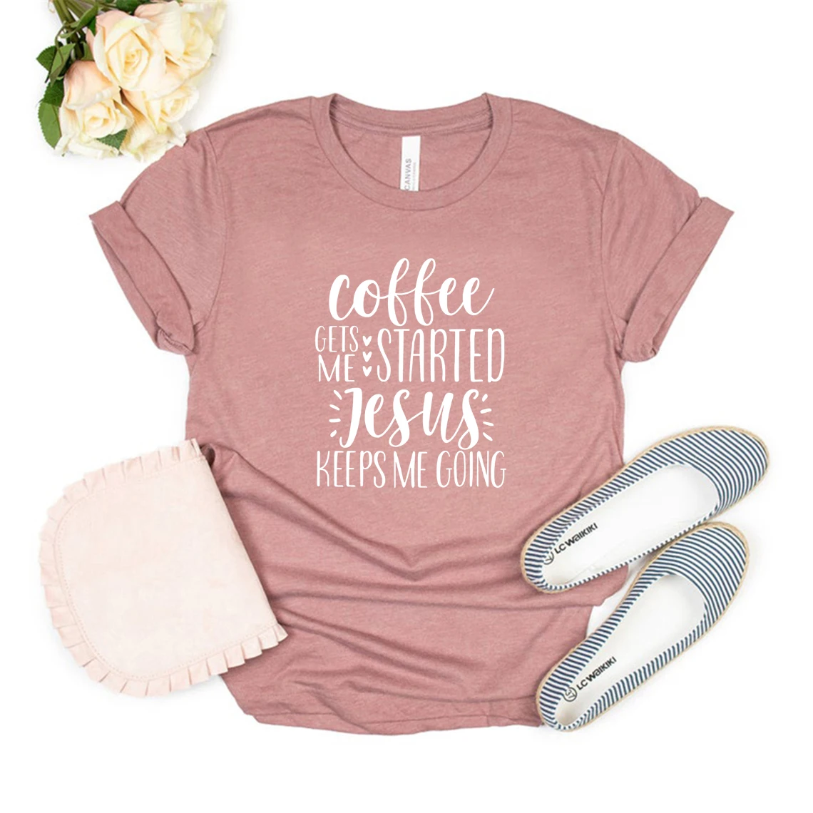 

Coffee Gets Me Started Jesus Keeps Me Going T-Shirt Funny Christian Shirt Jesus Clothing Women Graphic Tee Short Sleeve Tshirts