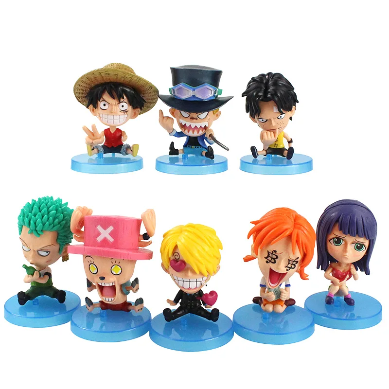 8 шт./компл. Аниме фигурки Luffy Ace Sabo Nami Robin Zoro Sanji Chopper Q Ver. Синяя база ПВХ модели