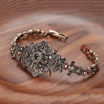 Kinel Charm Boho Women Link Bracelet Antique Gold Color Gray Crystal Ethnic Wedding Bridal Vintage Jewelry Russia Accessories