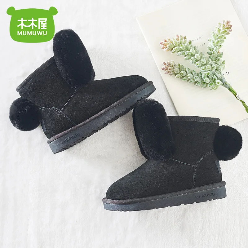 

Wooden Huts 2019 Winter New Style 3-12-Year-Old BOY'S Girls Cow Leather Snow Boots 1301