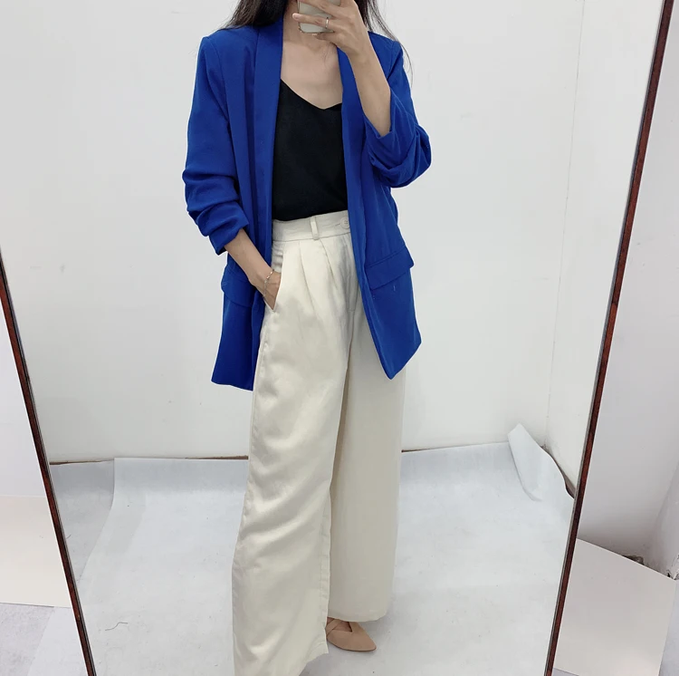 Long Blazer Women Solid Shawl Collar Pockets Office Blazers Female Outwear Tops Roll sleeve Women's Jacket And Blazer Coat