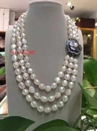 

New Elegant lady's big 3row 9-10mm baroque white freshwater pearl necklace 18-19-20"