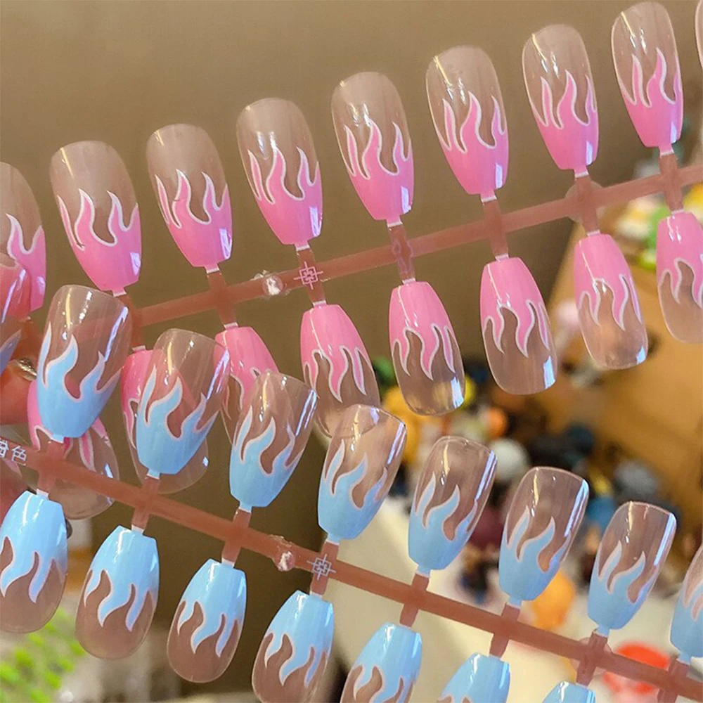

24Pcs Flame False Nail Tips French Nail Acrylic Full Cover Ballerina Coffin False Nails Pink Blue Fire Fake Nails Nail Beauty