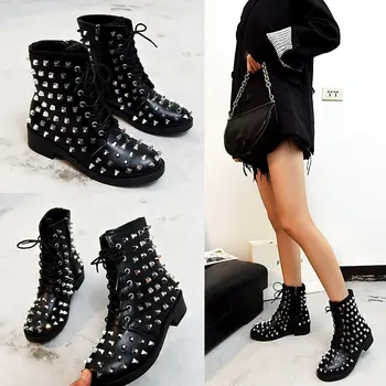 online Novo 2020 Moda Sexy Rebites Mulheres Tornozelo Botas De Couro Genuíno Salto Quadrado Senhoras Rendas Até Goth Punk Plataforma Botas Femininas