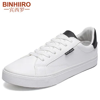 

Spring New Men Vulcanize Shoes Fashion Solid PU Lace Up Shoes Male Classic White Black Bordered Casual Flat Men Shoes BINHIIR