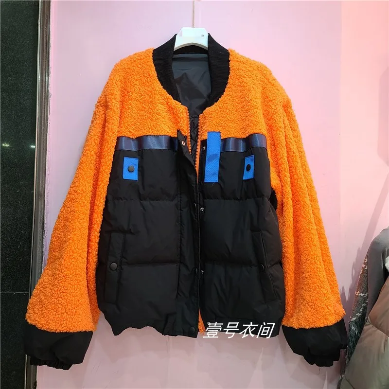 

Winter Women's Jacket 2020 Autumn and Winter New Contrast Color Thickened Stitching Baseball Uniform Quilted Lamb Wool Coat