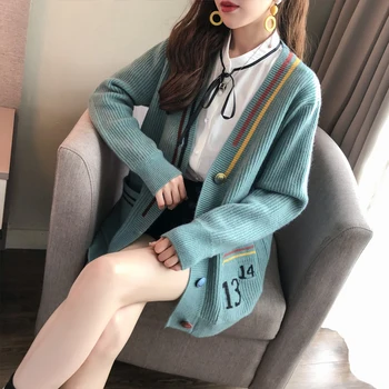 

V-neck sweater coat female autumn outfit new han edition easy lazy wind plus a fairy joker knitted cardigan