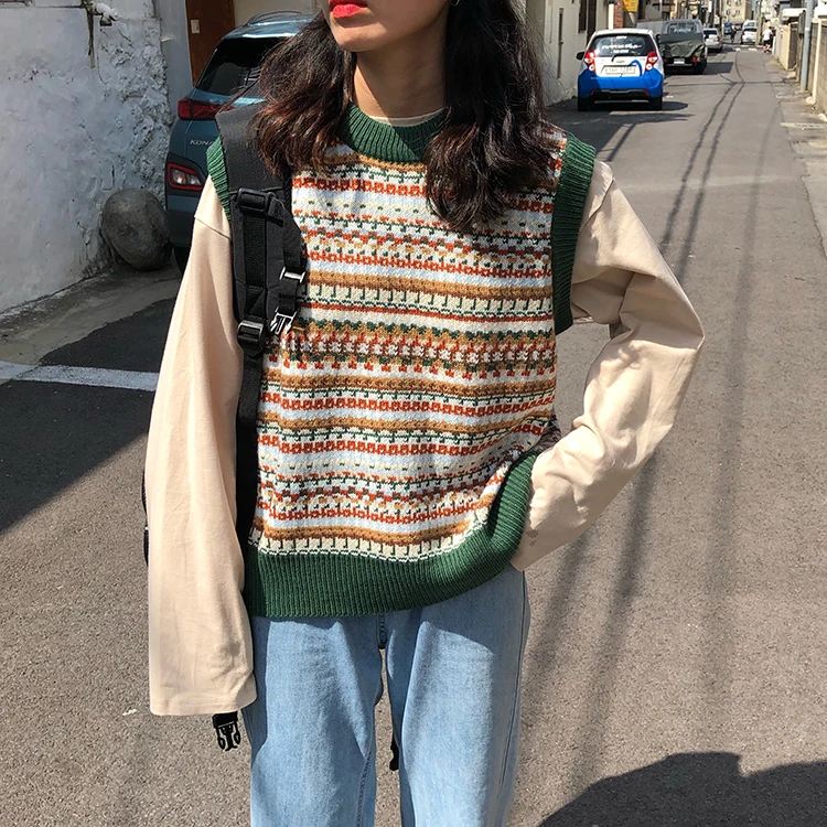 Retro Printed Patchwork Sleeveless Vest Sweater Women Autumn Round Neck Casual Loose Jumper Woman Harajuku Sweaters