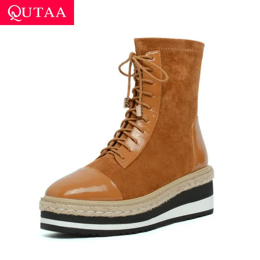 

QUTAA 2020 Wedge Heel Square Toe Lace Up Leisure Ankle Boots Patchwork Cow Leather Flock Fashion Platform Women Shoes Size 34-39