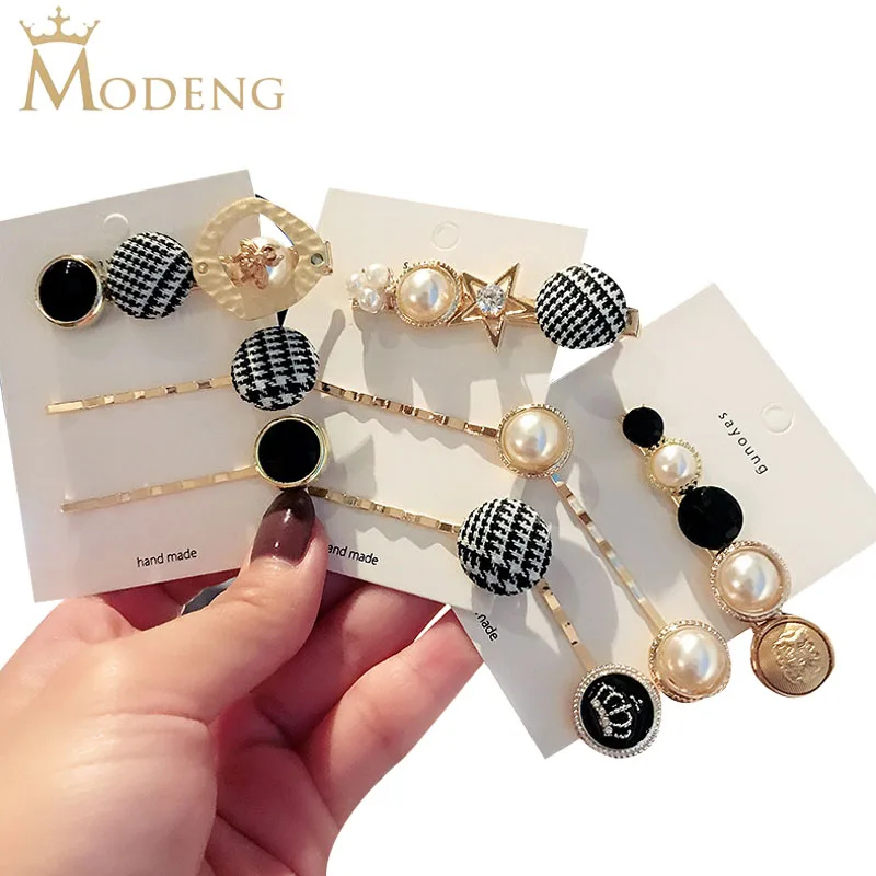 

3PCS/Set Temperament Sweet Transparent Hairpins Korean Version Alloy Pearl Hairgrips Set BB Clip Word Headwear Hair Accessories