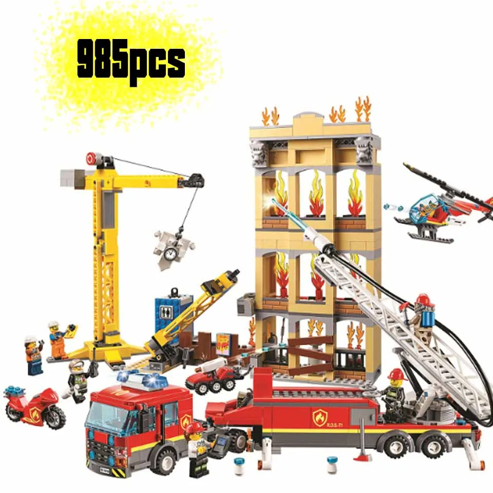 

Fire Fighting Trucks Car Helicopter Boat Building Blocks Compatible Legoinglys City Firefighter Bricks Children Toys Gift
