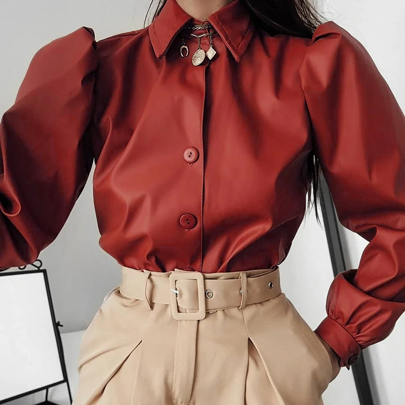 Матовая рубашка с пышными рукавами женские топы и блузки пикантные женские офисные рубашки отложной воротник красный белый винтажная одежда