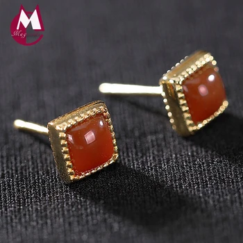 

Women Stud Earring 100% Real 925 Sterling Silver and Gold Plated Natural stone Agate Earring fine Jewelry joyas de plata 925 E22