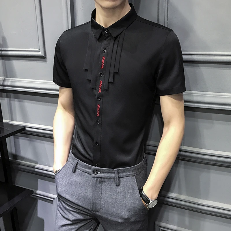 Short Sleeve Dress Shirt Men Pleated 
