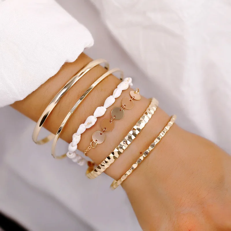 

6 Pcs/set Vintage Multi-layer Gold Color Metal Sequins Shell Beaded Chain Bracelets for Women Armband Jewelry Pulseras Mujer
