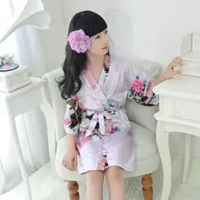 Весенние атласные шелковые халаты для детей кимоно с цветочным принтом для девочек детский банный халат с коротким рукавом, платье на шнуровке для подростков платье, одежда для сна