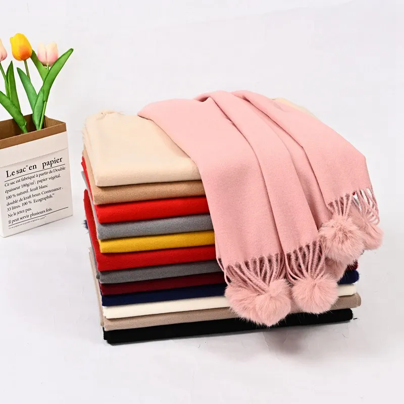 

Women Ladies Fashion Vintage Plain Fur Pom Pom Wool Scarf Check Shawl Wrap